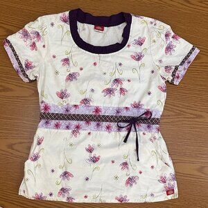 Floral Short Sleeve Top with Waist Tie- Purple and Pink